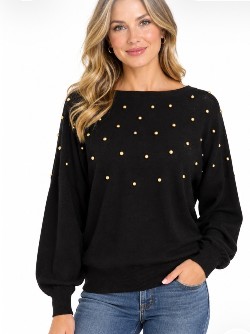 JM COLLECTION Black with Gold Studs Pullover Crewneck Sweater L NWOT